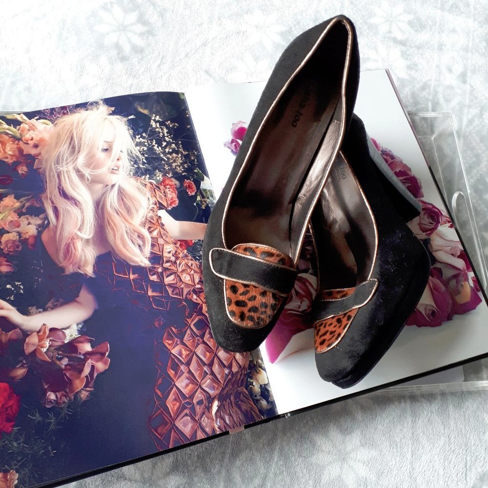 Black Velvet Block Heel Pumps with Leopard Accent